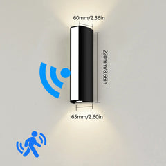 Wall-mounted sensor light with dimensions and icons on a gray background