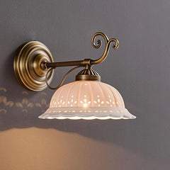 Gold Metal Floral Ceramic Wall Sconce Light with Frosted Bell Shade