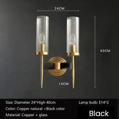 Wall sconce with dimensions and specifications on a dark background