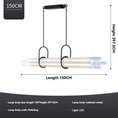 Modern pendant light with dimensions and material details on a white background