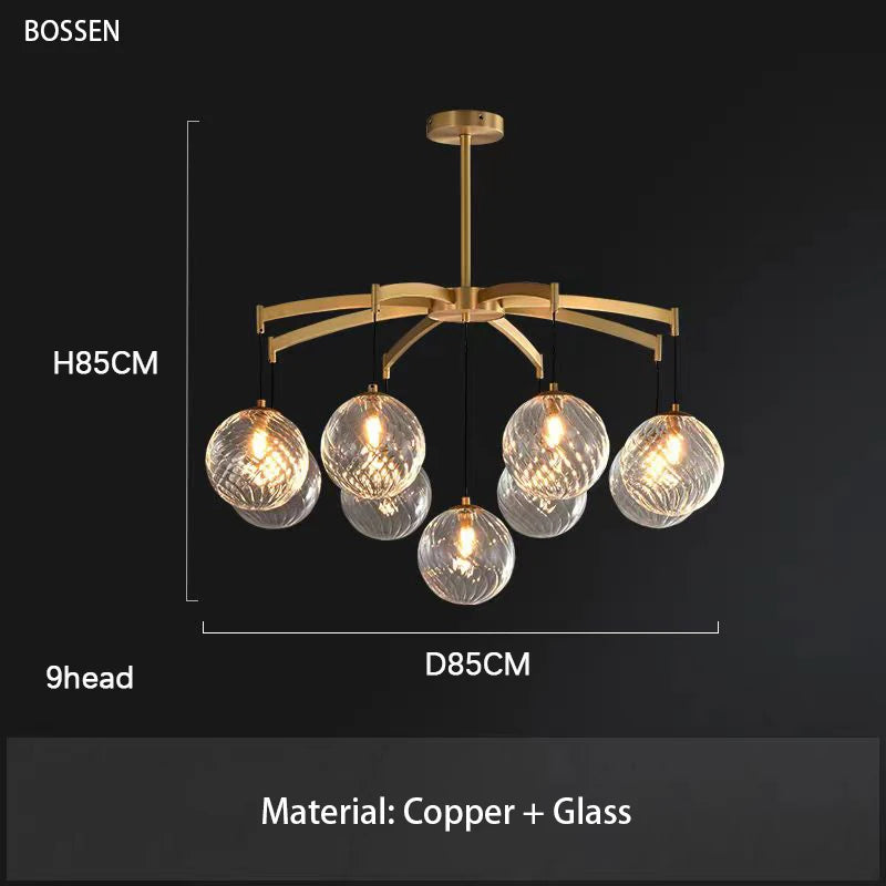 Chandelier with dimensions and material details on a black background