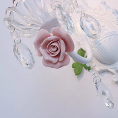 White Ceramic Rose Crystal Sconce Light with Leaf Accents