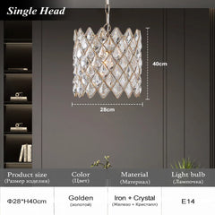 Chandelier with dimensions and product details on a dark background