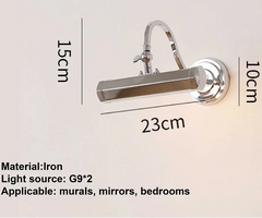Wall-mounted light fixture with dimensions and specifications on a beige background
