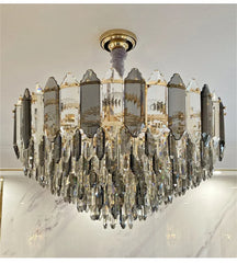 Crystal Waterfall Pendant Lighting Fixture with Gold Faceted Accents