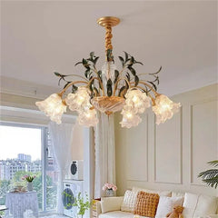 Gold Floral Glass Chandelier Multi-Arm Pendant Light