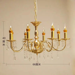 Gold Candelabra Chandelier with Crystal Droplets and Candle Lights