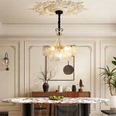 Iridescent Glass Petal Chandelier with Pearl Garland Accents
