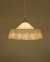 White Fabric Pleated Pendant Light with Gold Accents and Ruffled Shade