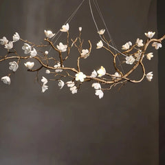 Ceramic Blossom Branch Pendant Light with Gold Finish Metal Frame