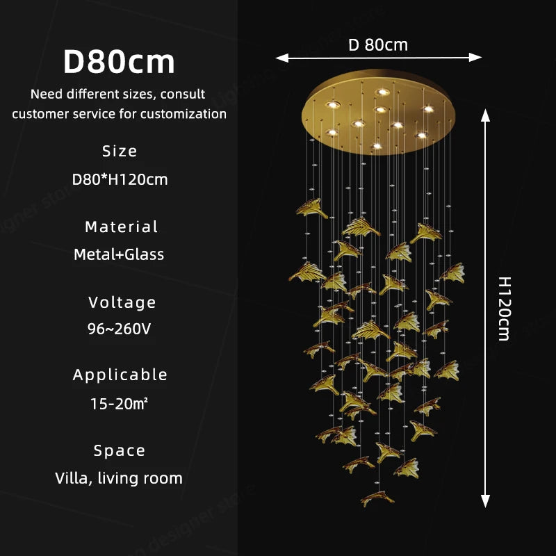 Chandelier with dimensions and specifications on a black background