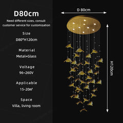 Chandelier with dimensions and specifications on a black background