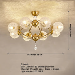 Gold Crystal Globe Semi-Flush Ceiling Light with Textured Glass Shades