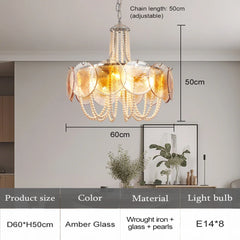Gold Glass Beaded Chandelier with Pearl Strings Pendant Light