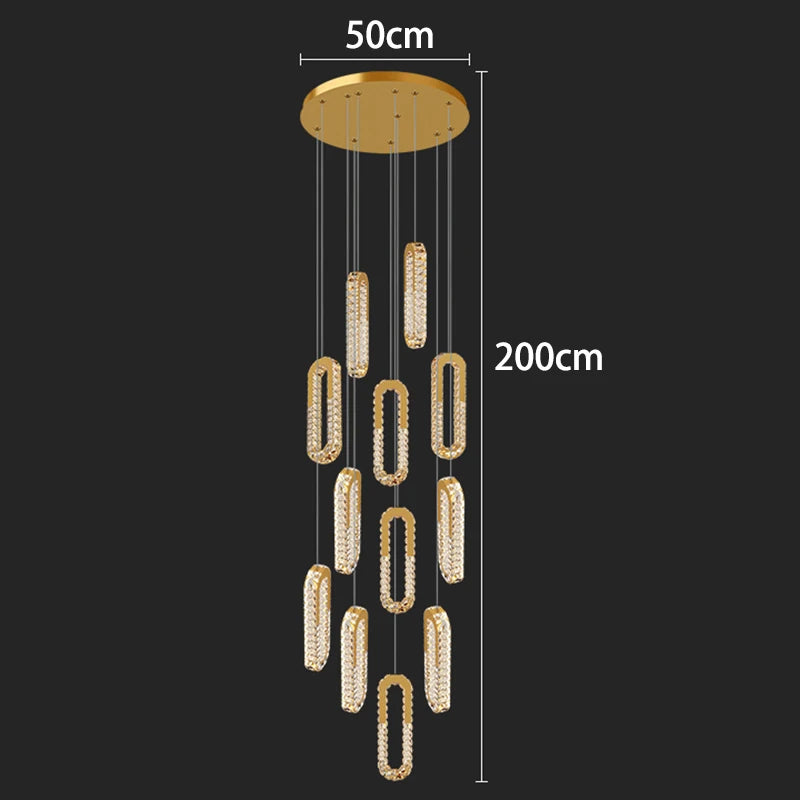 Gold chandelier with measurements on a black background
