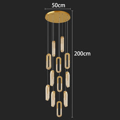 Gold chandelier with measurements on a black background