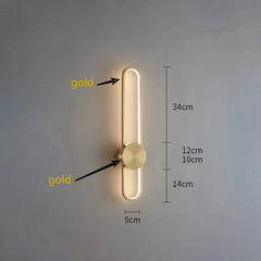 Wall-mounted light fixture with gold accents and measurements on a gray background