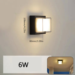 Wall-mounted outdoor light fixture with dimensions and wattage information on a gray background