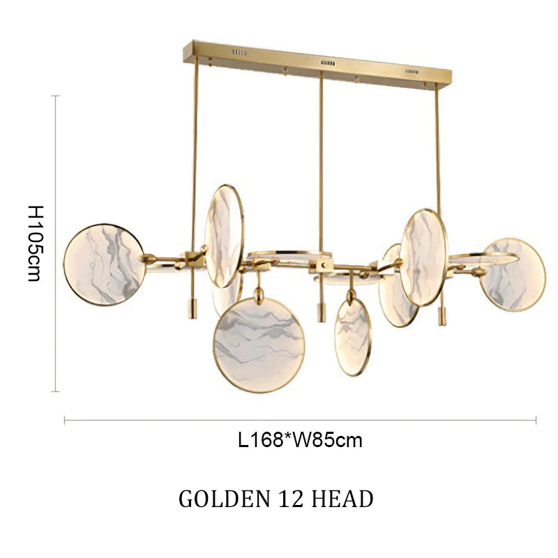 Gold chandelier with marble-like disc design, dimensions indicated on a white background