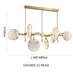 Gold chandelier with marble-like disc design, dimensions indicated on a white background