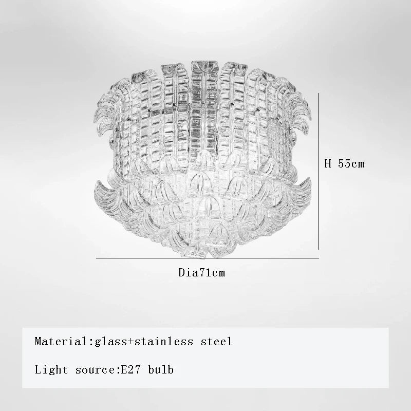 Crystal chandelier with dimensions and material details on a white background