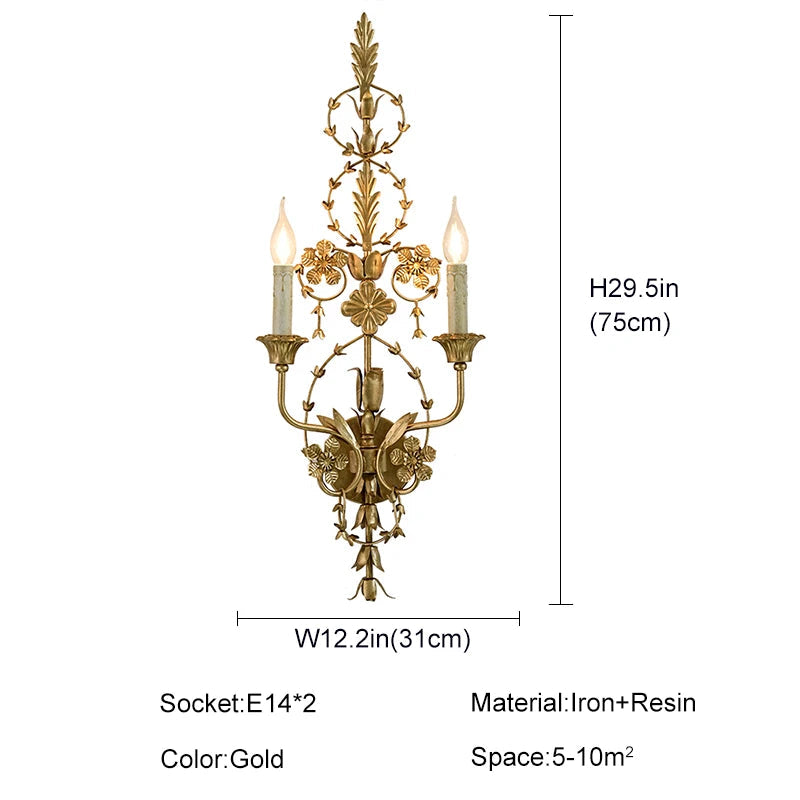 Decorative wall sconce with dimensions and specifications on a white background