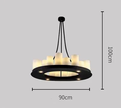 Modern pendant light with dimensions on a gray background