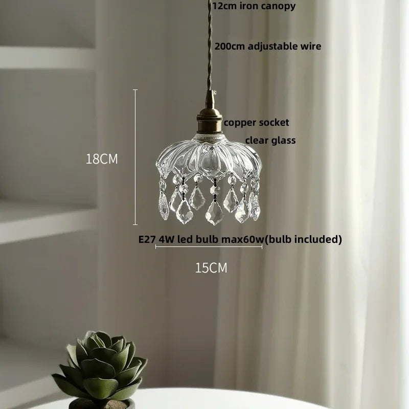 Chandelier with measurements and bulb details on a neutral background