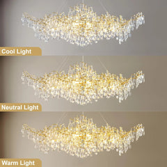 Chandelier shown in cool, neutral, and warm light on a gray background