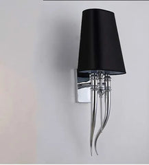 Wall-mounted light fixture with black lampshade and chrome base on a white background