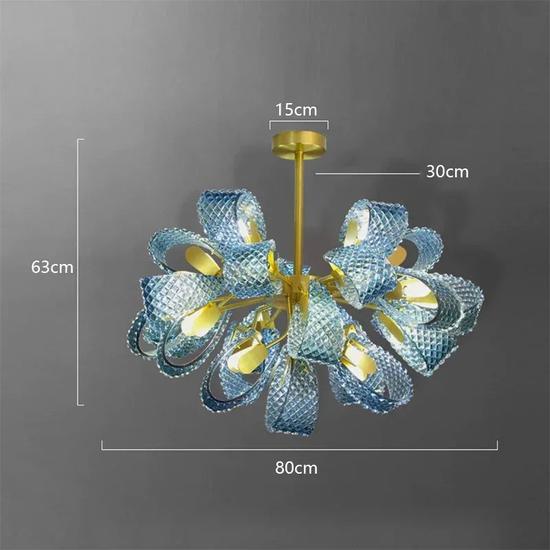 Chandelier with blue glass shades and gold accents, shown with dimensions on a gray background.