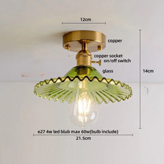 Ceiling light fixture with green glass shade and gold metal components, showing dimensions and bulb information.