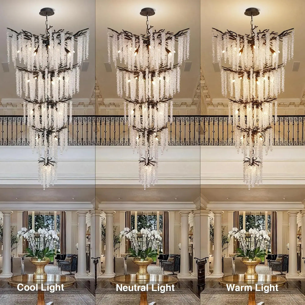 Chandelier in a room with three light settings labeled 'Cool Light', 'Neutral Light', and 'Warm Light'.