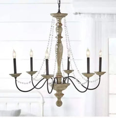 Wooden chandelier with candle-style lights on a white background
