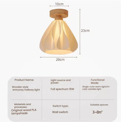Wooden style entryway hallway light with dimensions and specifications on a white background
