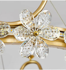 Close-up of a decorative item with crystal flower design on a gold frame.