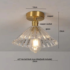 Ceiling light fixture with clear glass shade and gold metal fitting, showing dimensions and bulb information.