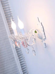 White Ceramic Rose Crystal Sconce Light with Leaf Accents
