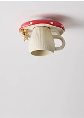 Red White Ceramic Mushroom Flush Mount Light with Squirrel Accent