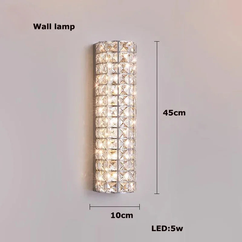 Wall-mounted crystal lamp with dimensions and LED power rating on a plain background
