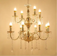Gold Candelabra Chandelier with Crystal Droplets and Candle Lights