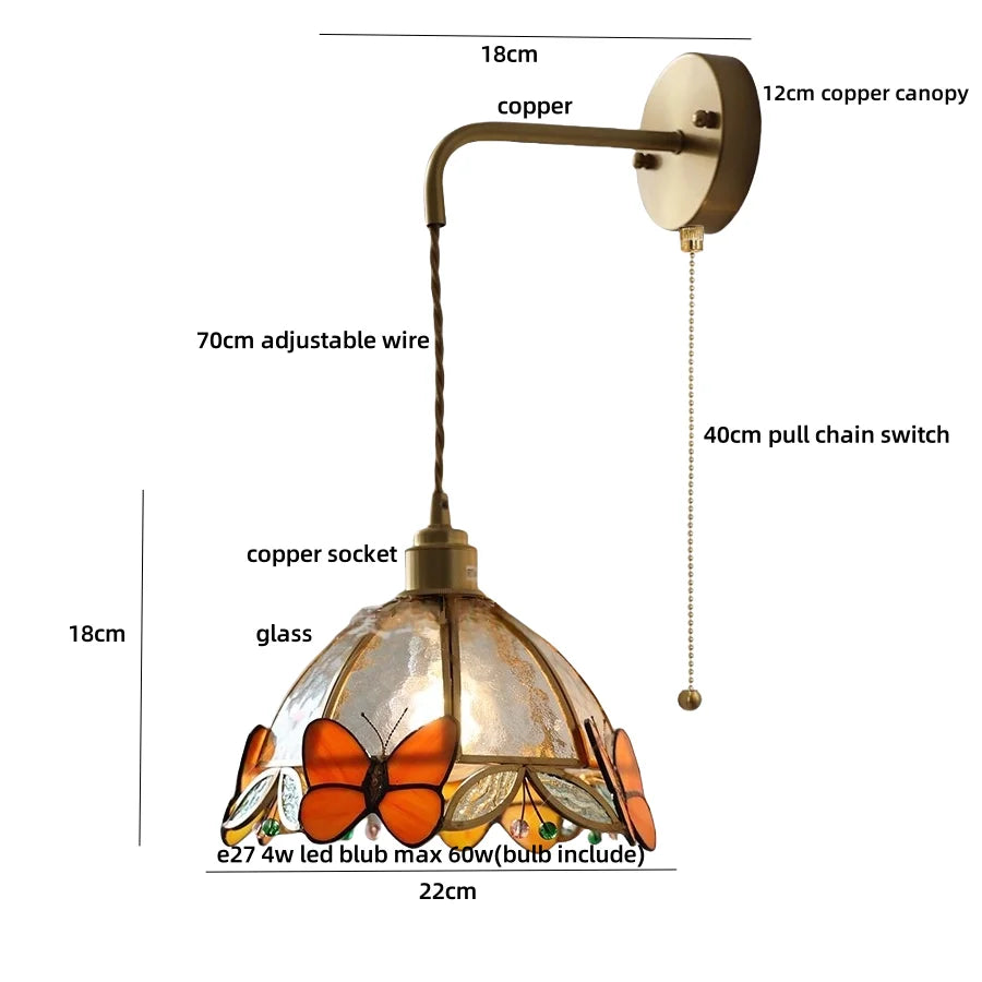 Butterfly-themed pendant light with measurements and details on a white background