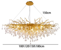 Gold chandelier with branch-like design and hanging crystals, labeled with dimensions.