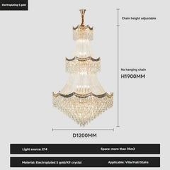 Chandelier with dimensions and material details on a gray background