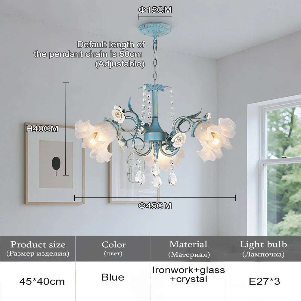 Blue chandelier with floral design in a room setting, including measurements and product details.