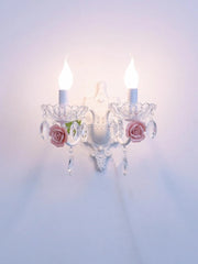 White Ceramic Rose Crystal Sconce Light with Leaf Accents