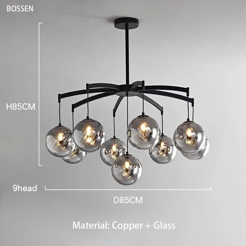 Chandelier with glass bulbs and measurements on a gray background