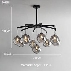 Chandelier with glass bulbs and measurements on a gray background