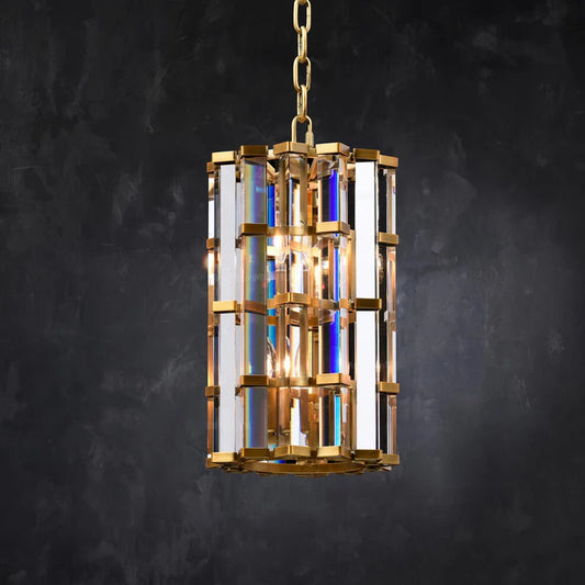 Gold framed pendant light with faceted crystals