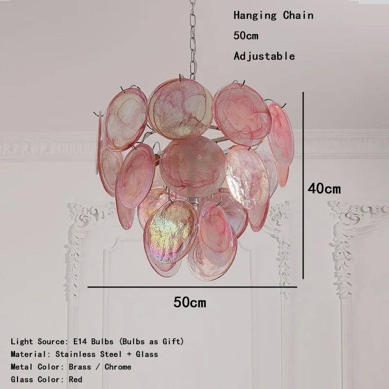 Pink chandelier with measurements on a white background